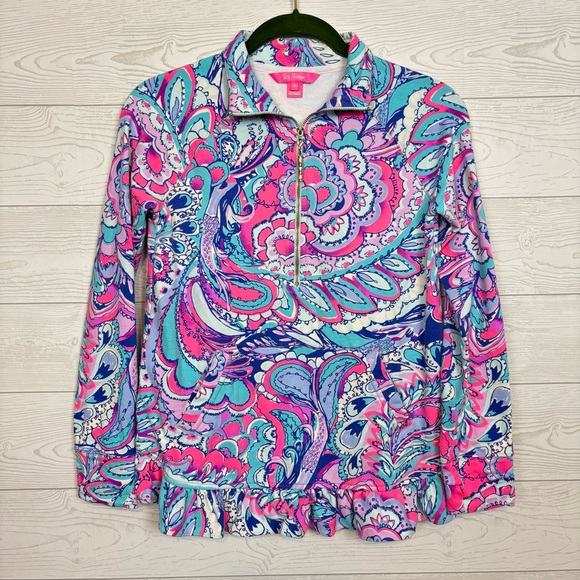 Lilly Pulitzer Tops - Lilly Pulitzer Killian Popover Pullover Pink Tropics Ruffle Hem Size XXS